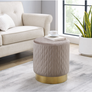 Gold Beige Round Upholstered Ottoman